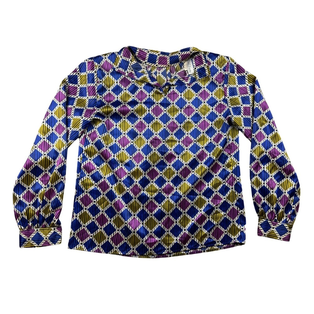 Vintage Anna Kriste Blouse Women 10 Multi Color Satin Diamond Geometric USA Made
